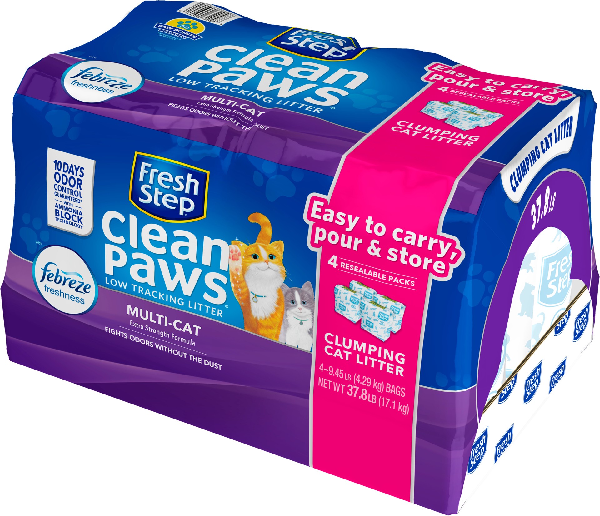 slide 3 of 5, Fresh Step Clean Paws Cat Litter with Febreze Freshness, Multi-Cat Low-Tracking Clumping Litter, 37.8 lbs. (4 x 9.45 lb. Bag), 38 lb