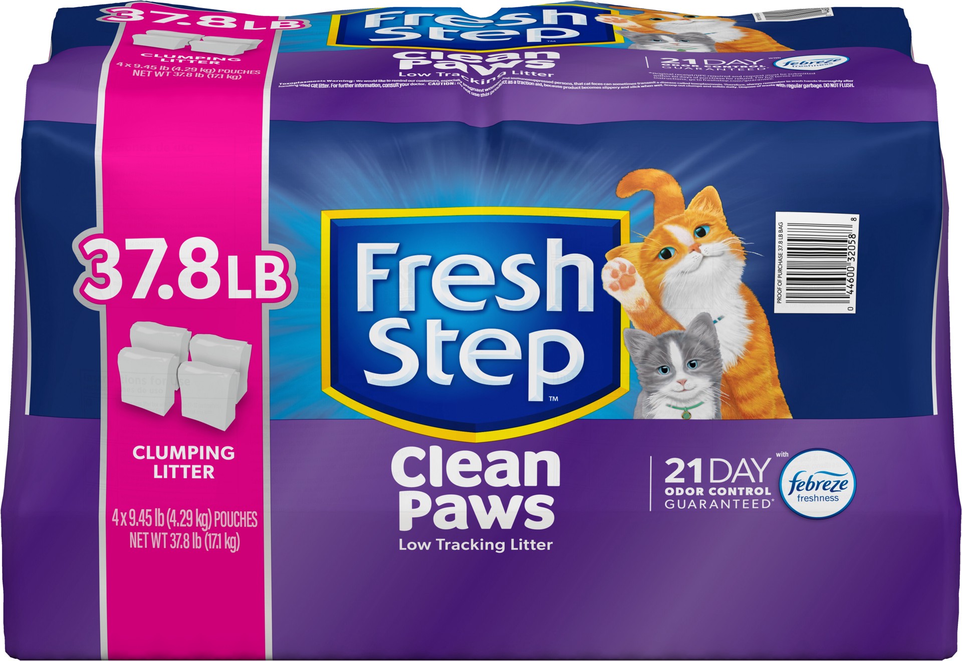 slide 1 of 5, Fresh Step Clean Paws Cat Litter with Febreze Freshness, Multi-Cat Low-Tracking Clumping Litter, 37.8 lbs. (4 x 9.45 lb. Bag), 38 lb
