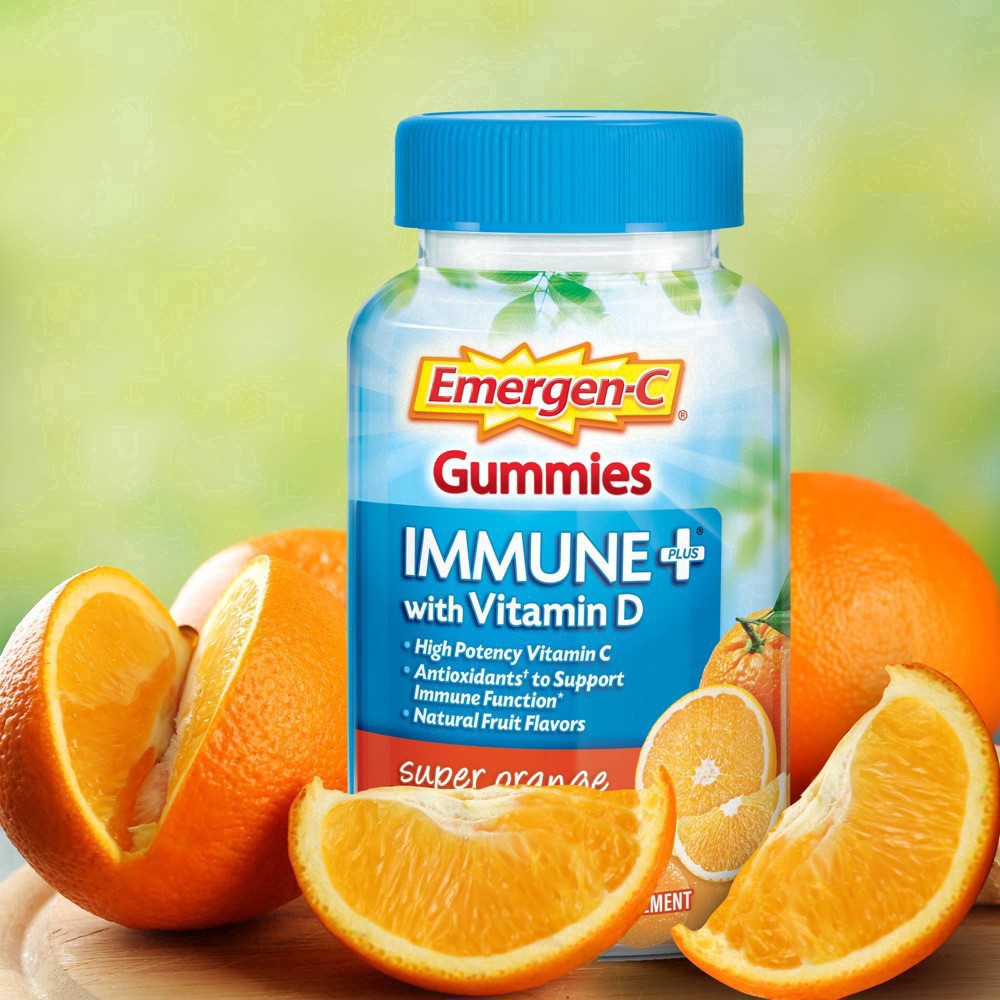 slide 90 of 91, Emergen-C Immune+ Gummies, Vitamin D plus 750 mg Vitamin C (45 Count, Super Orange Flavor) Immune Support Dietary Supplement, Caffeine Free, Gluten Free, 45 ct