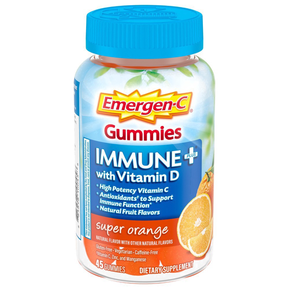 slide 19 of 91, Emergen-C Immune+ Gummies, Vitamin D plus 750 mg Vitamin C (45 Count, Super Orange Flavor) Immune Support Dietary Supplement, Caffeine Free, Gluten Free, 45 ct