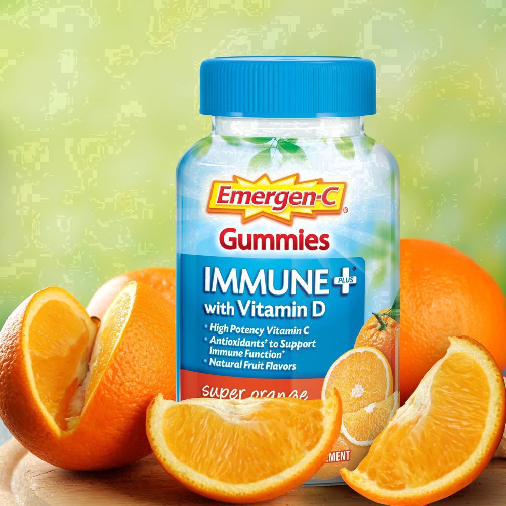 slide 36 of 91, Emergen-C Immune+ Gummies, Vitamin D plus 750 mg Vitamin C (45 Count, Super Orange Flavor) Immune Support Dietary Supplement, Caffeine Free, Gluten Free, 45 ct