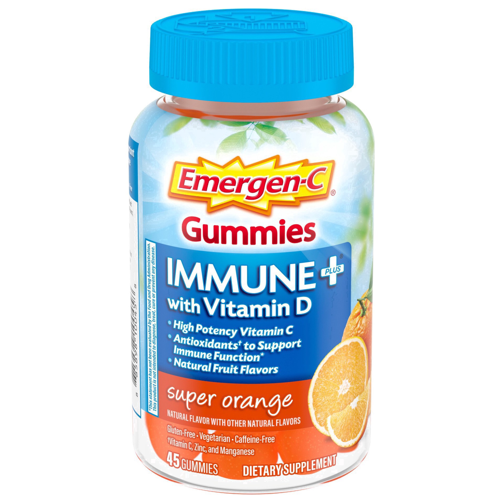 slide 83 of 91, Emergen-C Immune+ Gummies, Vitamin D plus 750 mg Vitamin C (45 Count, Super Orange Flavor) Immune Support Dietary Supplement, Caffeine Free, Gluten Free, 45 ct