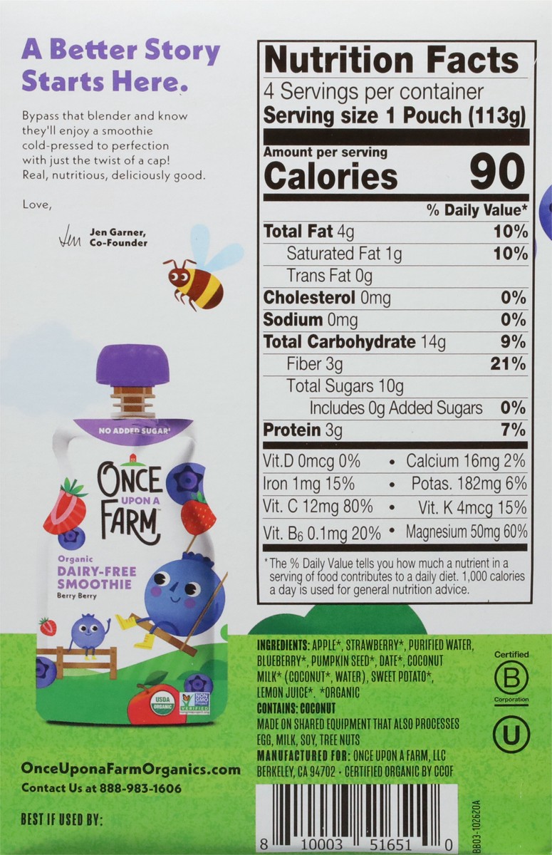 slide 9 of 13, Once Upon a Farm 4 Pack Organic Dairy-Free Berry Berry Smoothie 4 - 4 oz Pouches, 4 ct