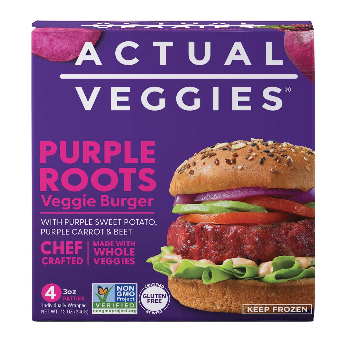 slide 1 of 1, Actual Veggies Purple Roots Veggie Burgers, 4 ct