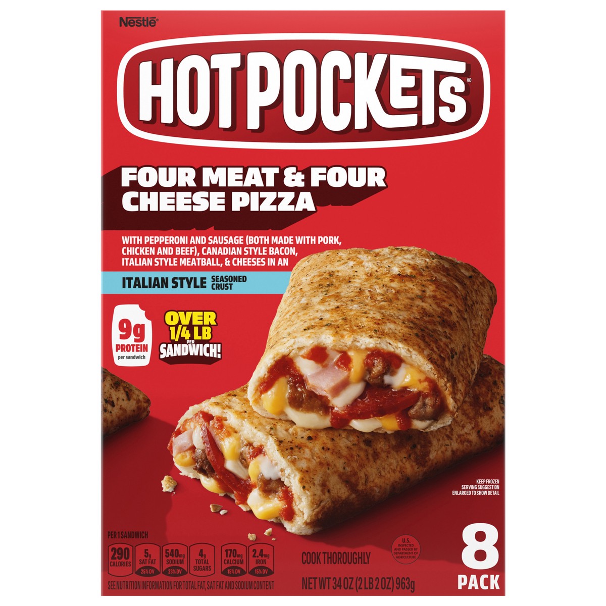 slide 1 of 12, Hot Pockets Four Meat, Four Cheese Pizza, Frozen Snack, 8 Pack, 34 oz