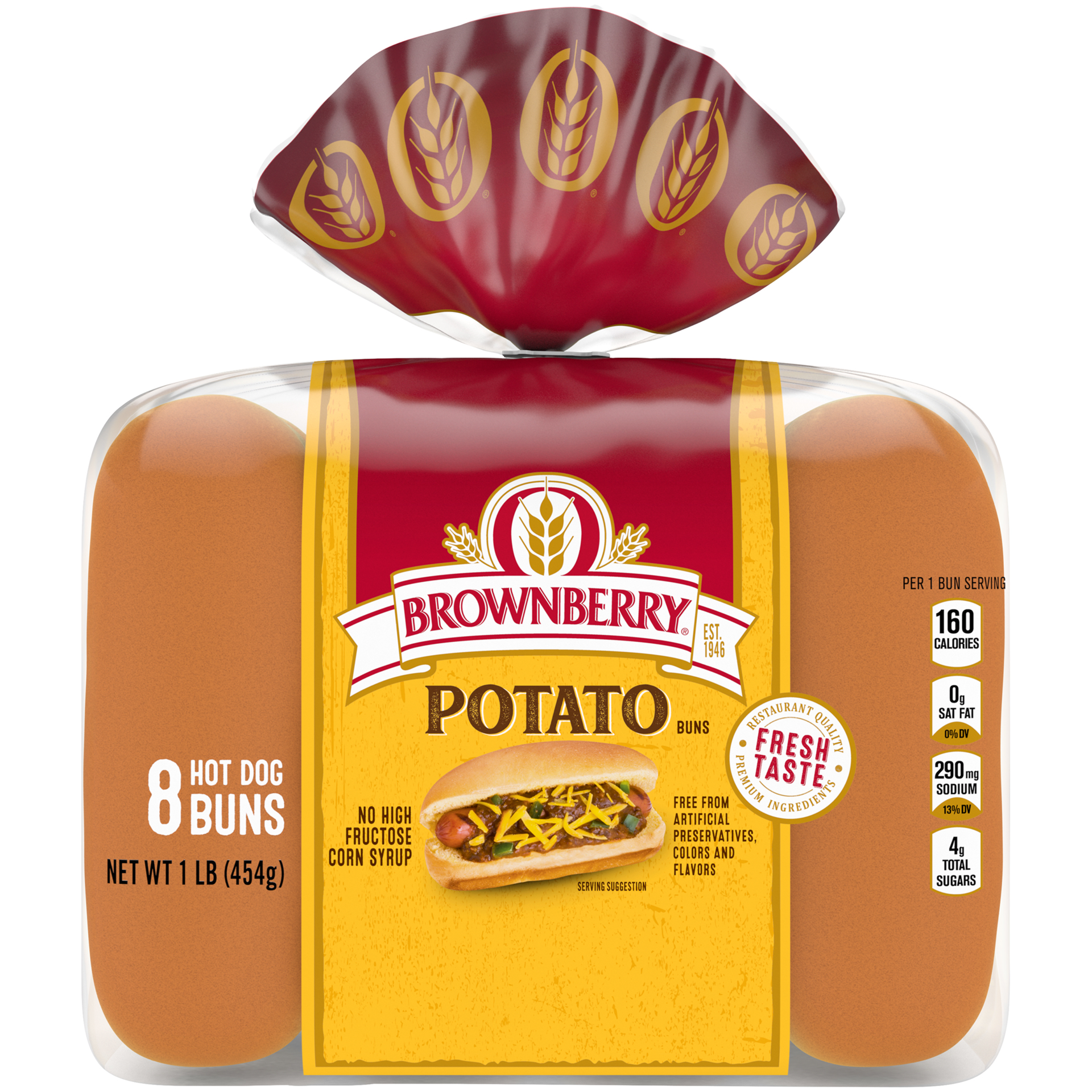 slide 1 of 6, Brownberry Potato Buns, 8 count, Soft Hot Dog Buns, 16 oz Bag, 8 ct