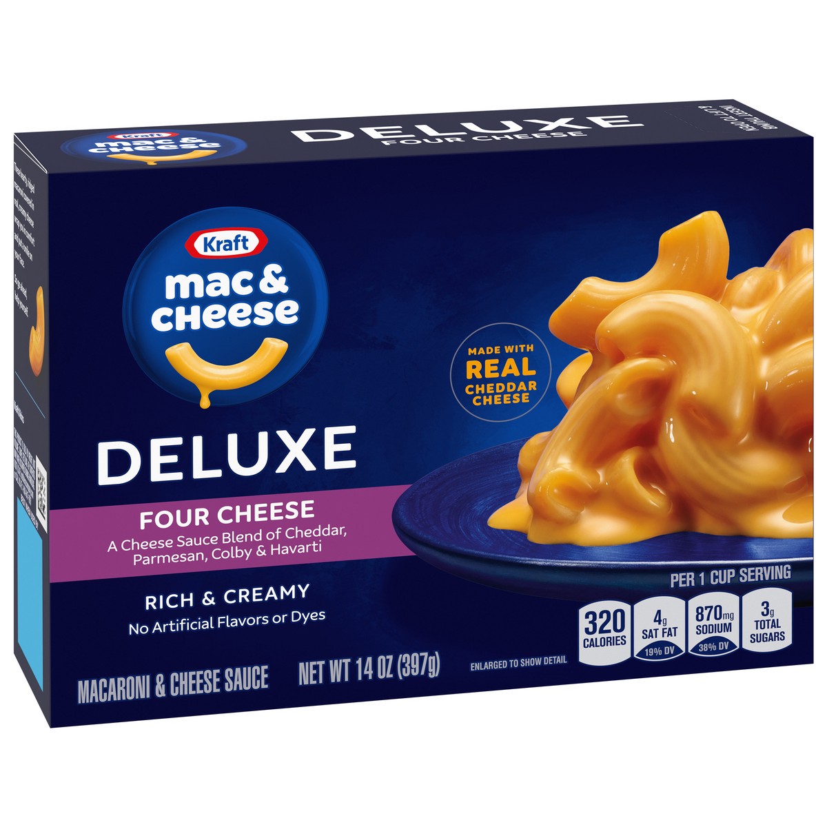 slide 7 of 9, Kraft Deluxe Four Cheese Macaroni and Cheese Dinner, 14 oz