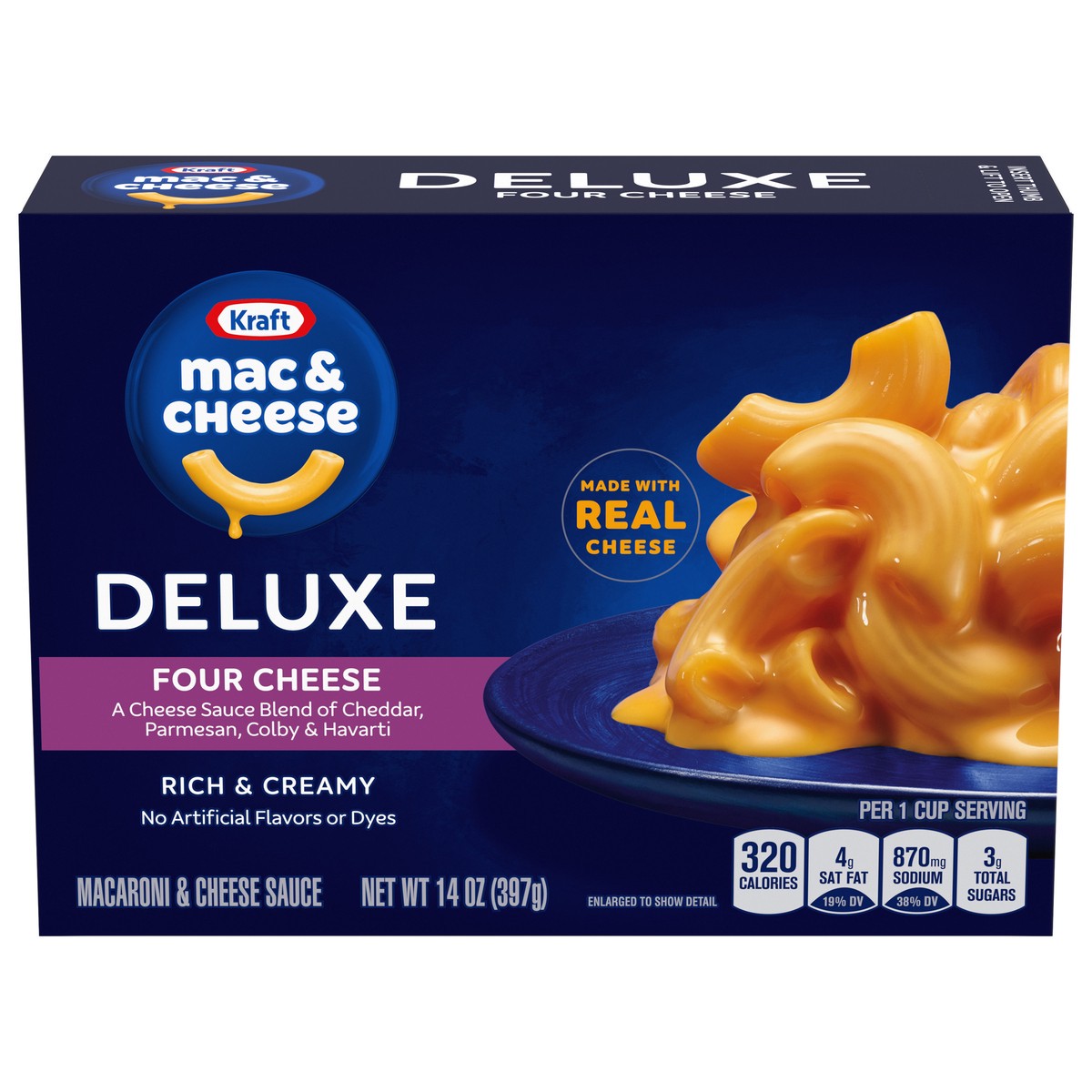 slide 1 of 9, Kraft Deluxe Four Cheese Macaroni & Cheese Dinner, 14 oz Box, 14 oz
