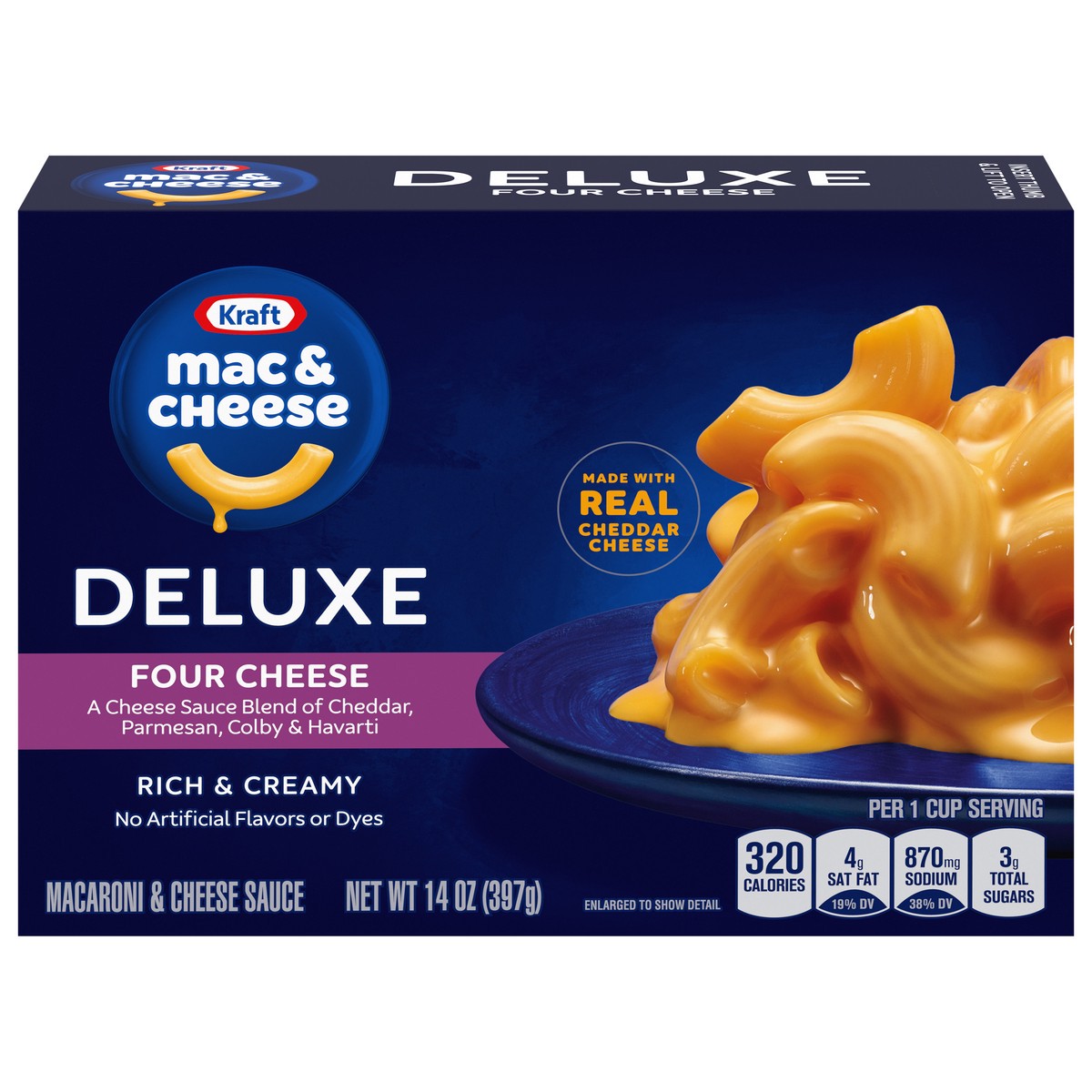 slide 1 of 9, Kraft Deluxe Four Cheese Macaroni and Cheese Dinner, 14 oz