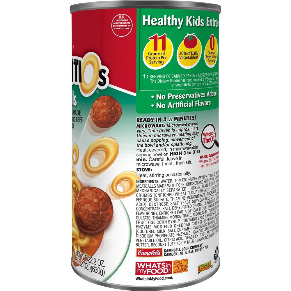 slide 43 of 87, Campbell's SpaghettiOs Canned Pasta with Meatballs, 22.2 oz Can, 22.2 oz