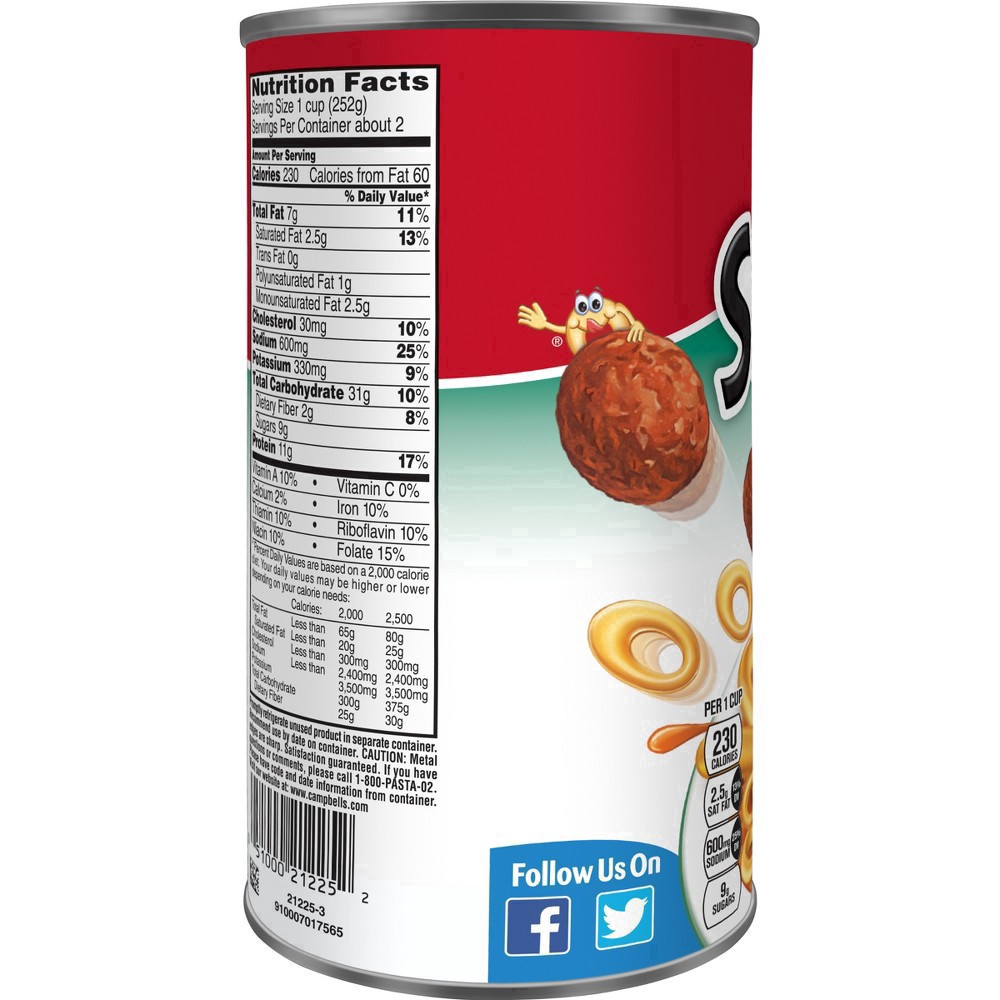 slide 40 of 87, Campbell's SpaghettiOs Canned Pasta with Meatballs, 22.2 oz Can, 22.2 oz