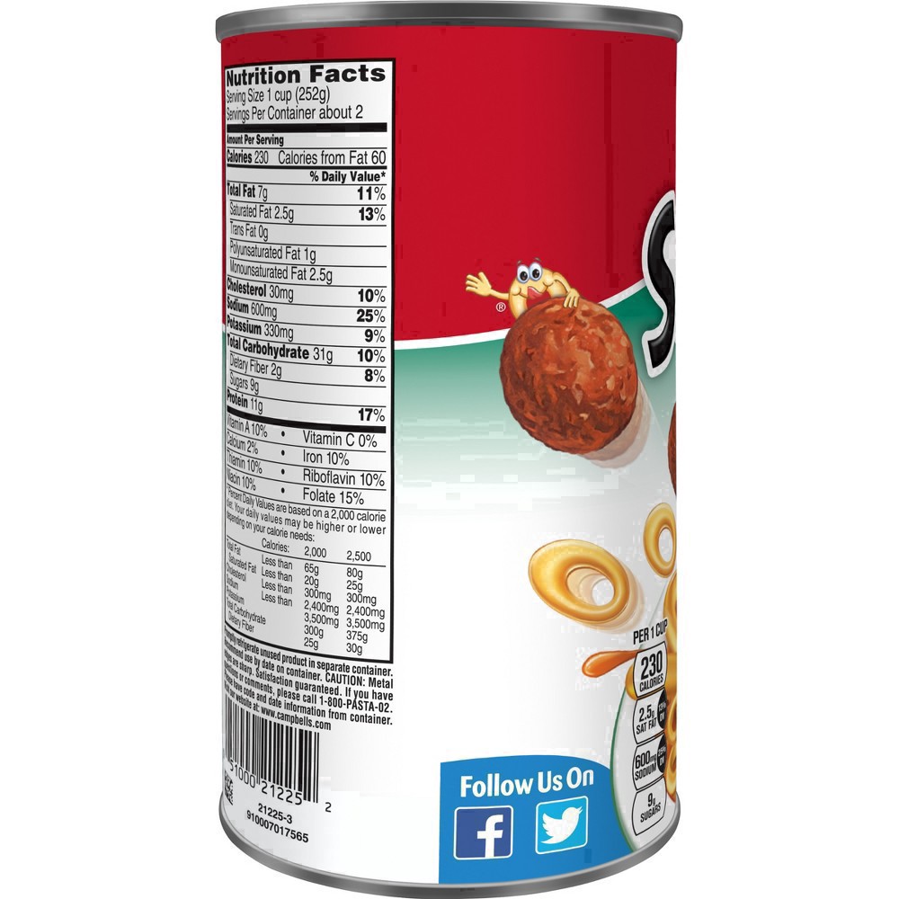 slide 60 of 87, Campbell's SpaghettiOs Canned Pasta with Meatballs, 22.2 oz Can, 22.2 oz