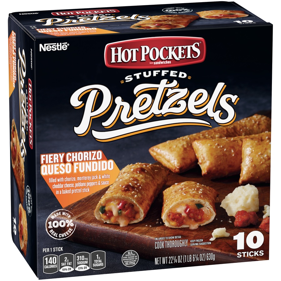 slide 2 of 8, Hot Pockets Fiery Chorizo Queso Fundido Stuffed Pretzels, 10 ct; 22.5 oz