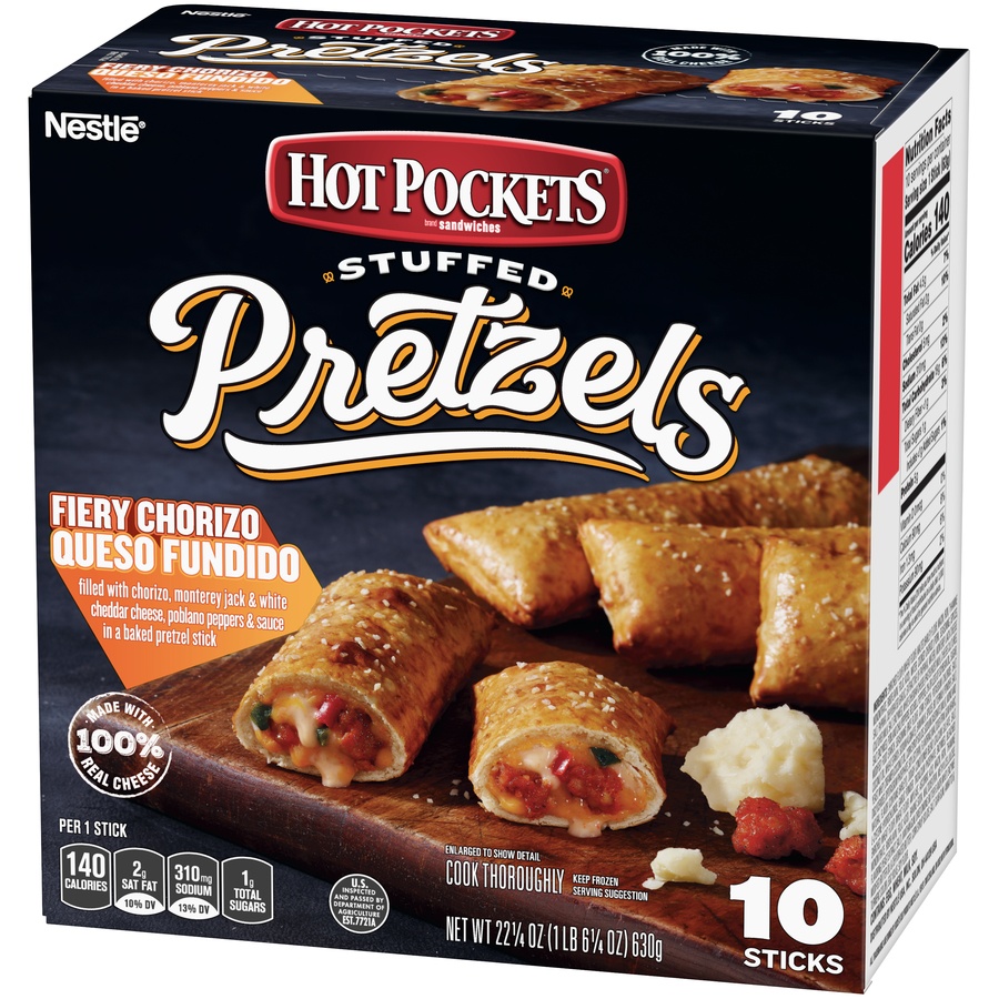 slide 3 of 8, Hot Pockets Fiery Chorizo Queso Fundido Stuffed Pretzels, 10 ct; 22.5 oz