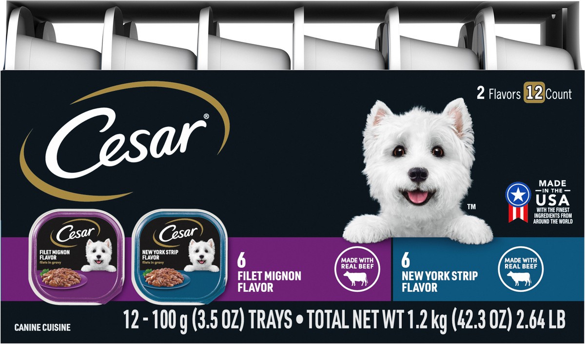 slide 5 of 9, Cesar Filet Mignon Flavor/New York Strip Flavor Canine Cuisine 12 - 3.5 oz ea, 12 ct