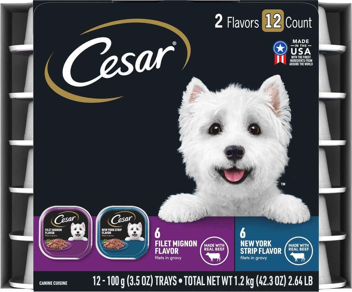 slide 4 of 9, Cesar Filet Mignon Flavor/New York Strip Flavor Canine Cuisine 12 - 3.5 oz ea, 12 ct