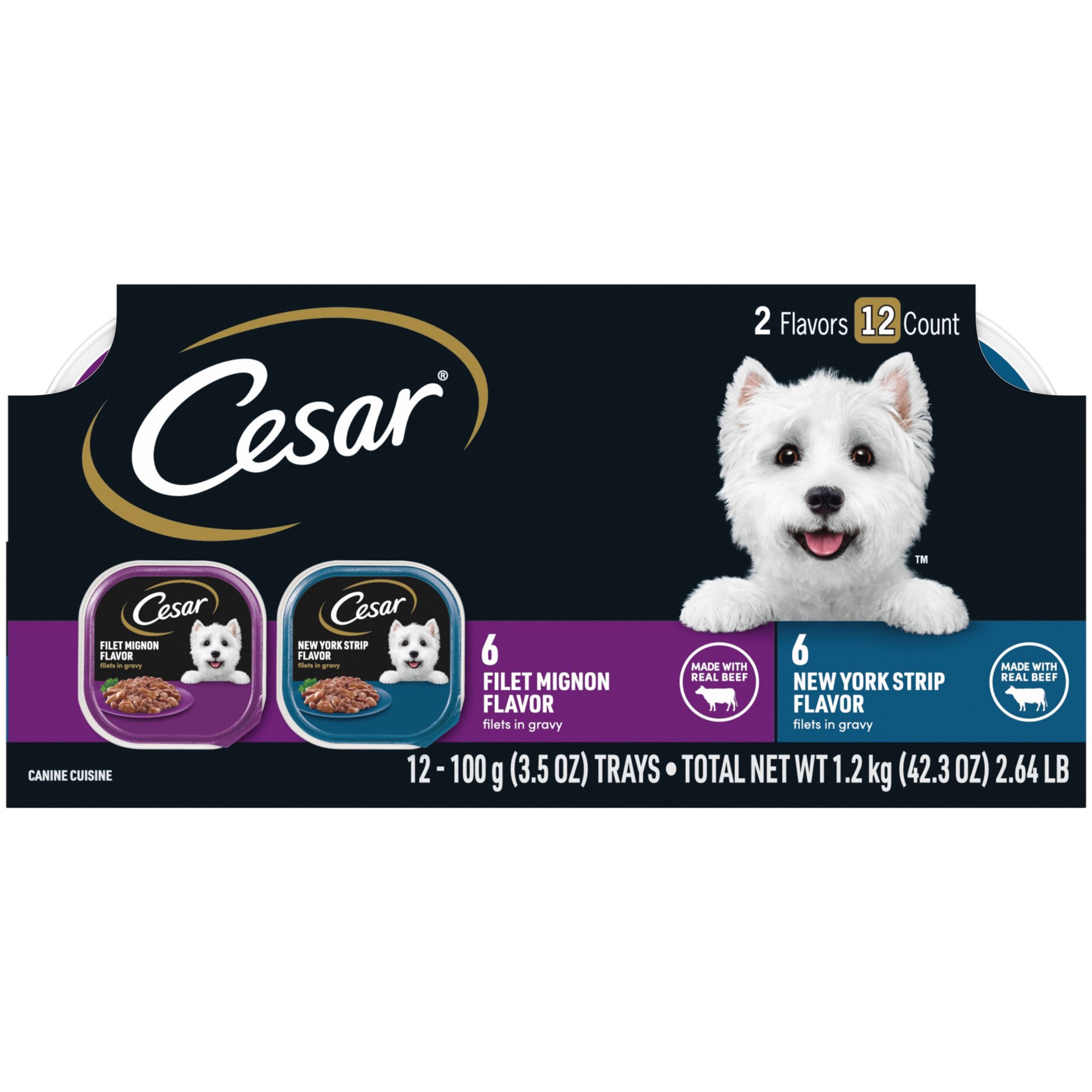 slide 1 of 9, Cesar Filet Mignon Flavor/New York Strip Flavor Canine Cuisine 12 - 3.5 oz ea, 12 ct