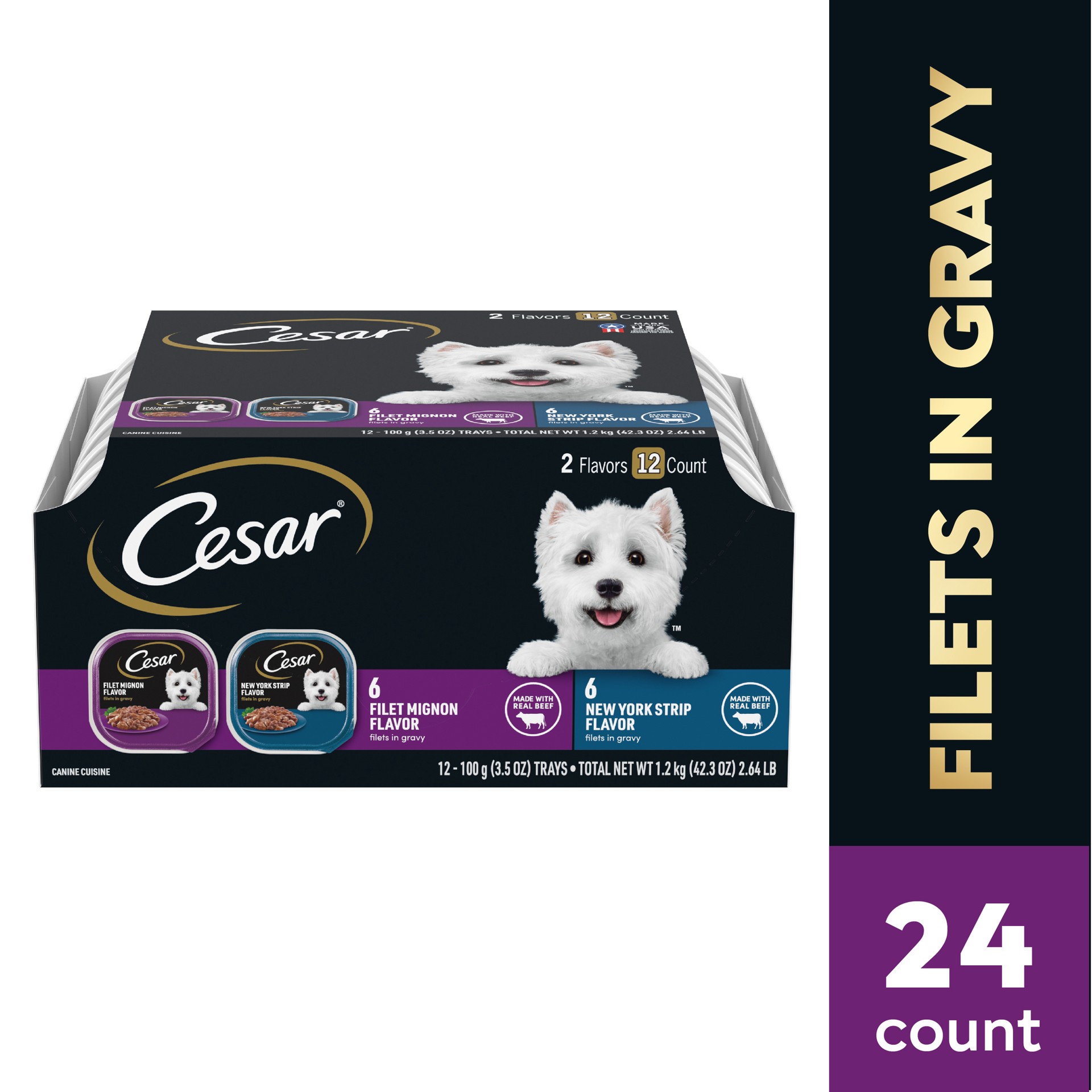 slide 1 of 5, Cesar Filets In Gravy with Filet Mignon & New York Strip with Beef Adult Wet Dog Food - 3.5oz/12ct, 