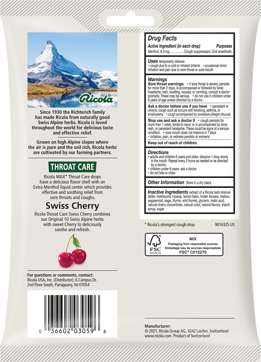 slide 3 of 3, Ricola Max Throat Care Swiss Cherry Cough Drops - Extra Strength Cough Suppressant, 34 Count, 34 ct
