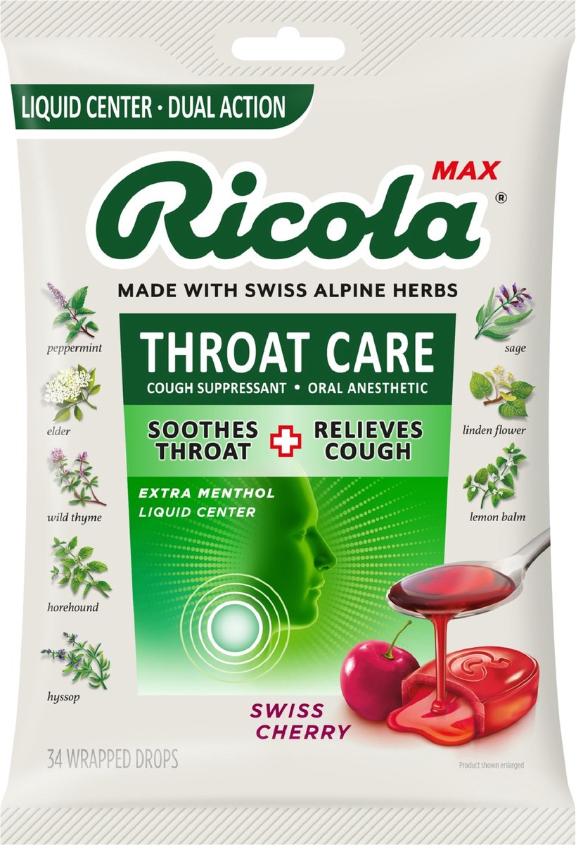 slide 2 of 3, Ricola Max Throat Care Swiss Cherry Cough Drops - Extra Strength Cough Suppressant, 34 Count, 34 ct