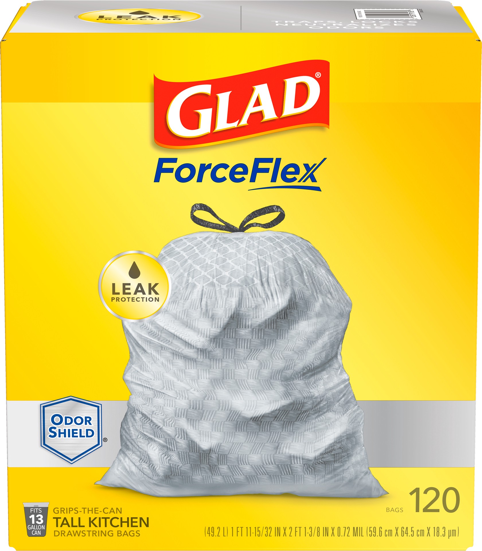 slide 1 of 7, Glad Tall Kitchen Drawstring OdorShield White Trash Bag, Unscented, 120 ct