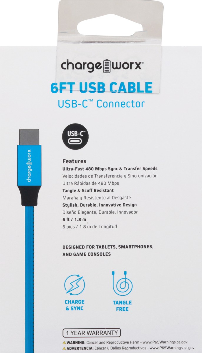 slide 2 of 11, Chargeworx Blue USB-C Cable, 6 ft