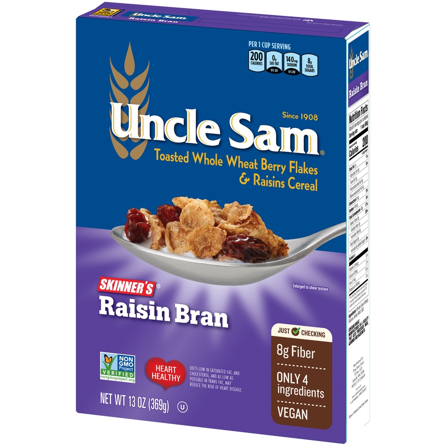 slide 3 of 8, Uncle Sam Skinner's Wholegrain Cereal Raisin Bran, 13 oz
