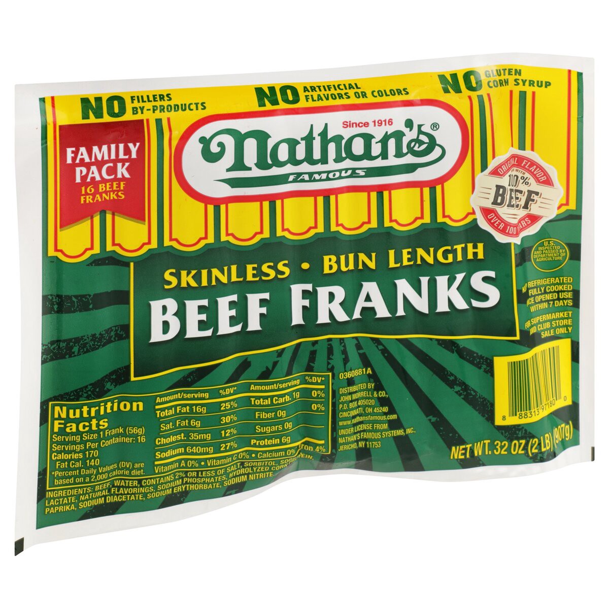 slide 7 of 8, Nathan's Famous Skinless All Beef Franks, Bun Length, 32 oz