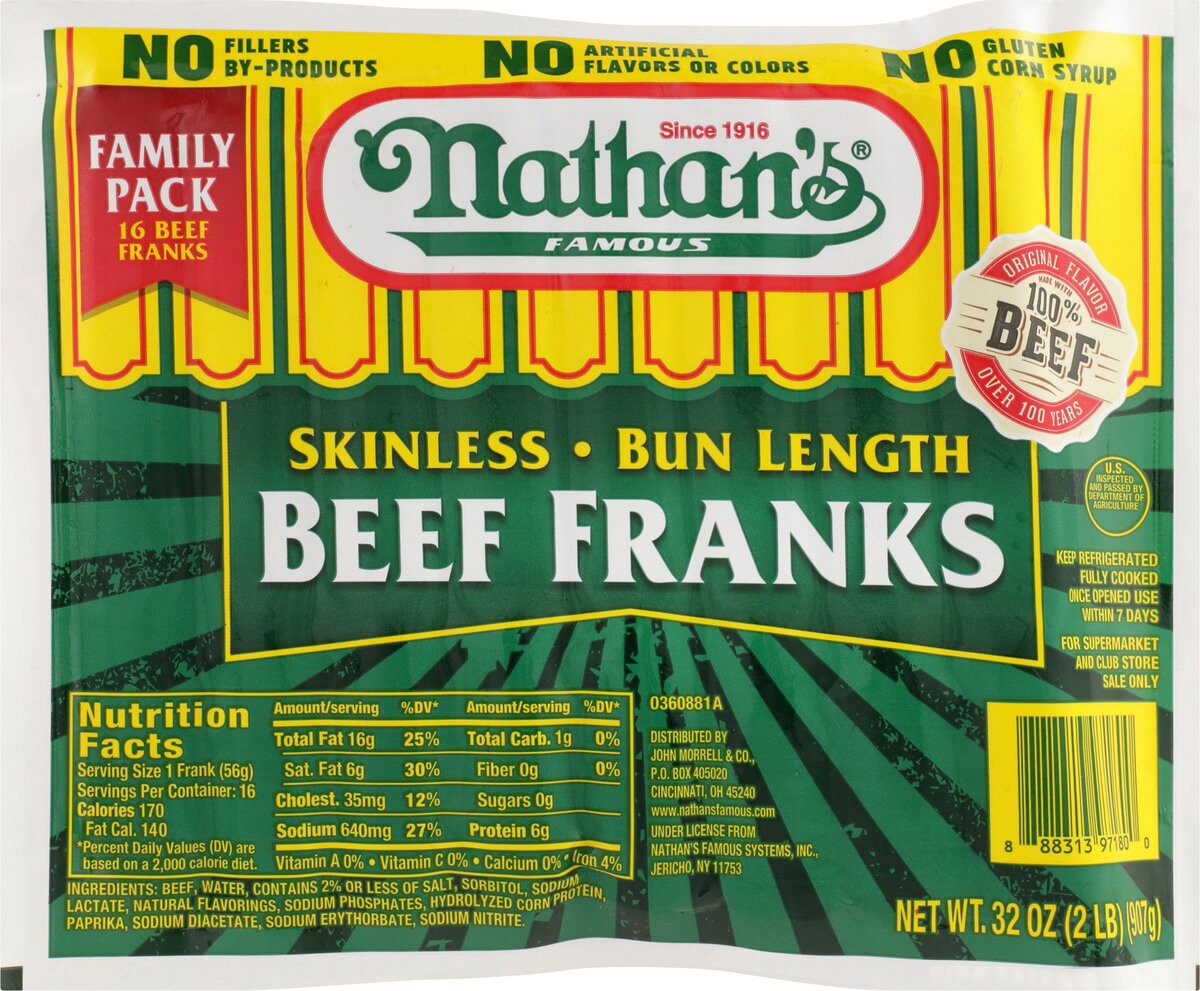 slide 2 of 8, Nathan's Famous Skinless All Beef Franks, Bun Length, 32 oz