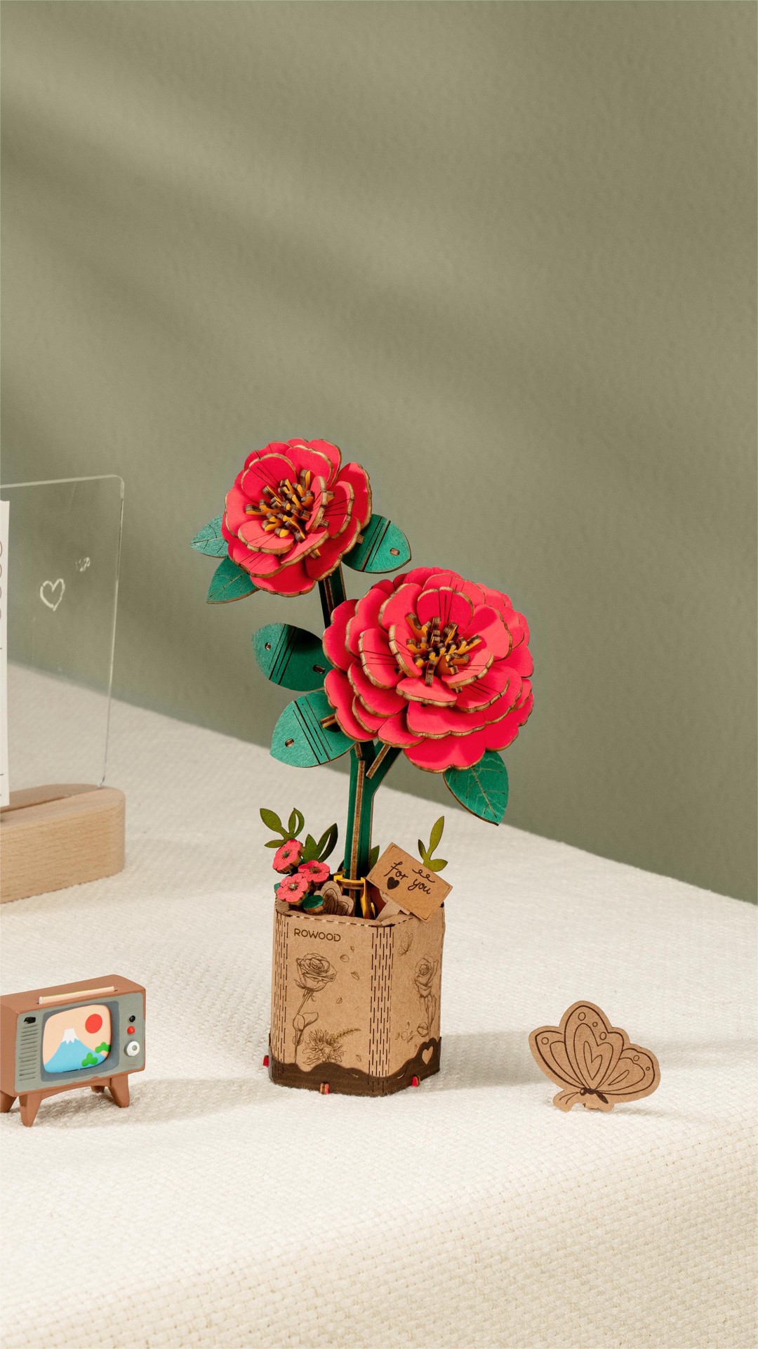 slide 4 of 4, Robotime Rowood Red Camellia Wooden Bloom Craft, 4.5 in x 2.6 in x 8.1 in