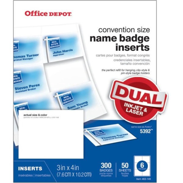 slide 6 of 6, Office Depot Brand Badge Inserts, 3"" X 4"", White, Pack Of 300, 300 ct