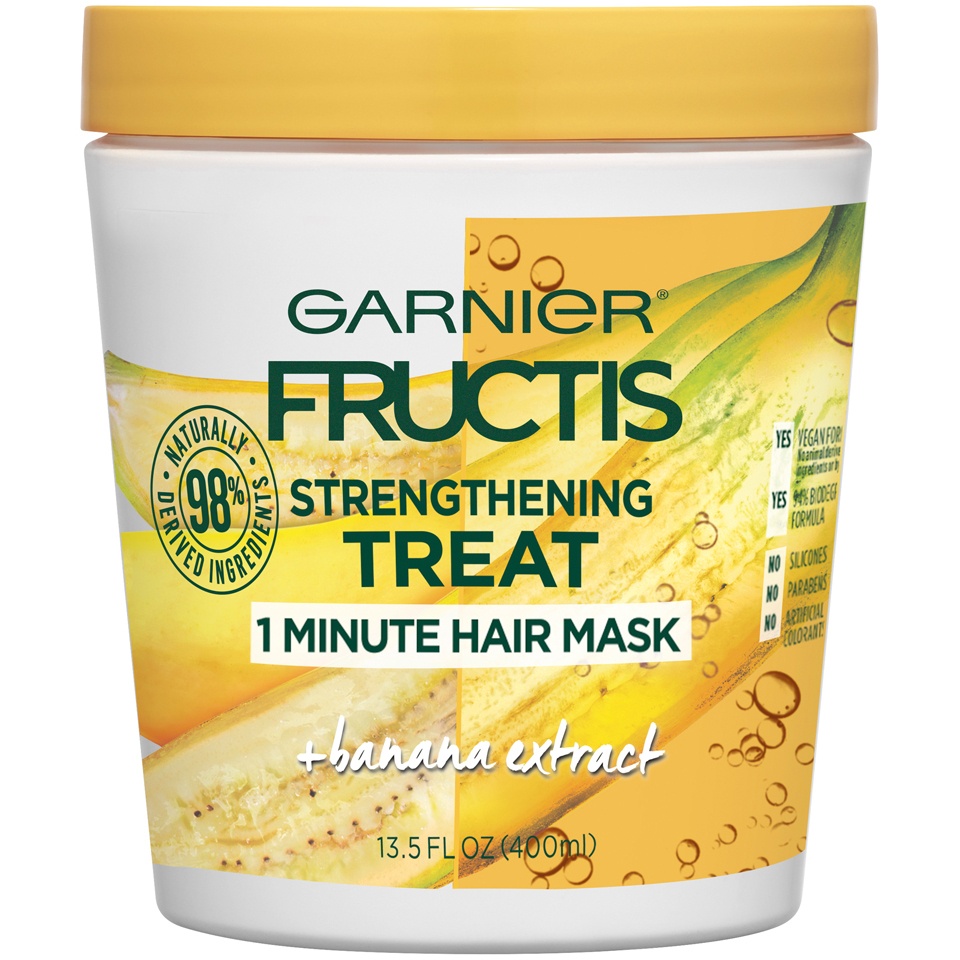 slide 1 of 1, Garnier Fructis Strengthening Treat 1 Minute Hair Mask with Banana Extract, 13.5 fl oz