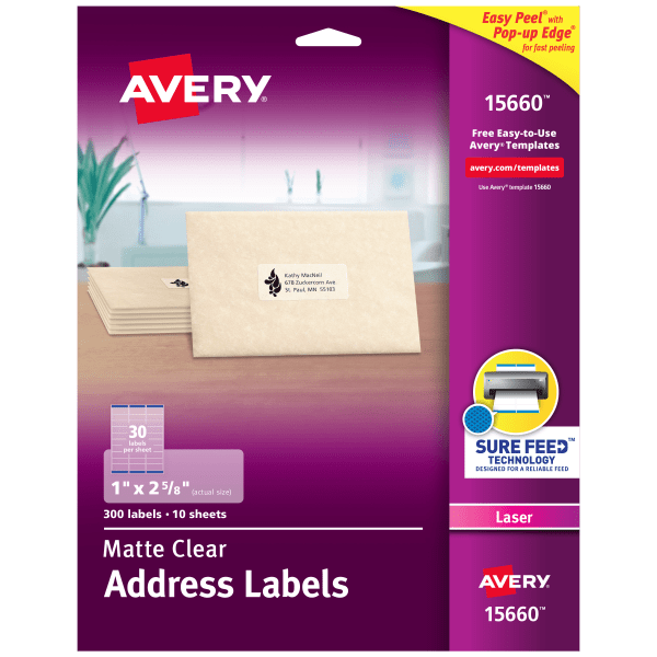 slide 1 of 8, Avery Easy Peel 15660 Permanent Laser Address Labels - Clear, 300 ct; 1 in x 2 5/8 in