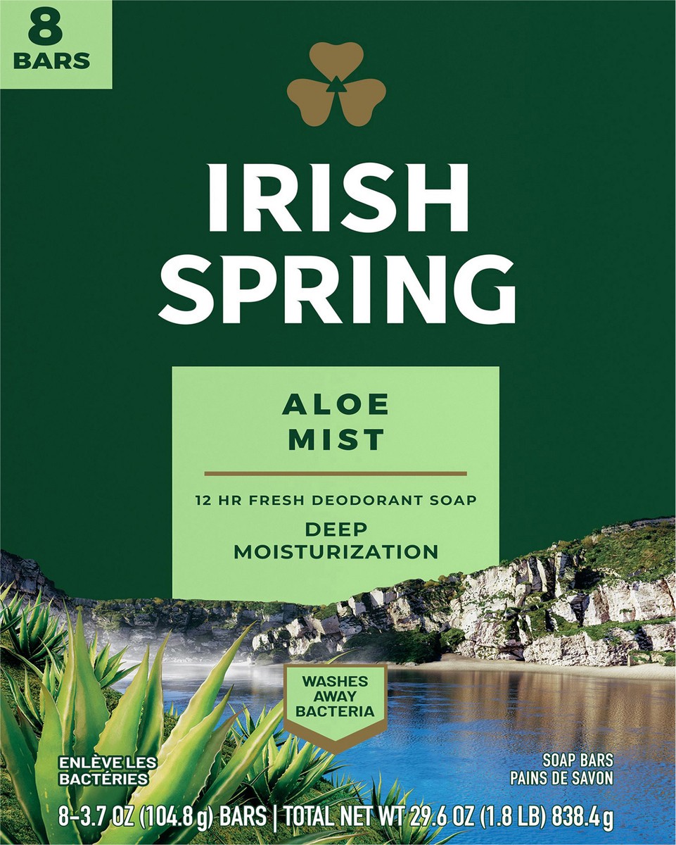 slide 4 of 7, Irish Spring Aloe Mist Deodorant Bar Soap for Men, 3.7 oz, 8 Pack, 3.7 oz