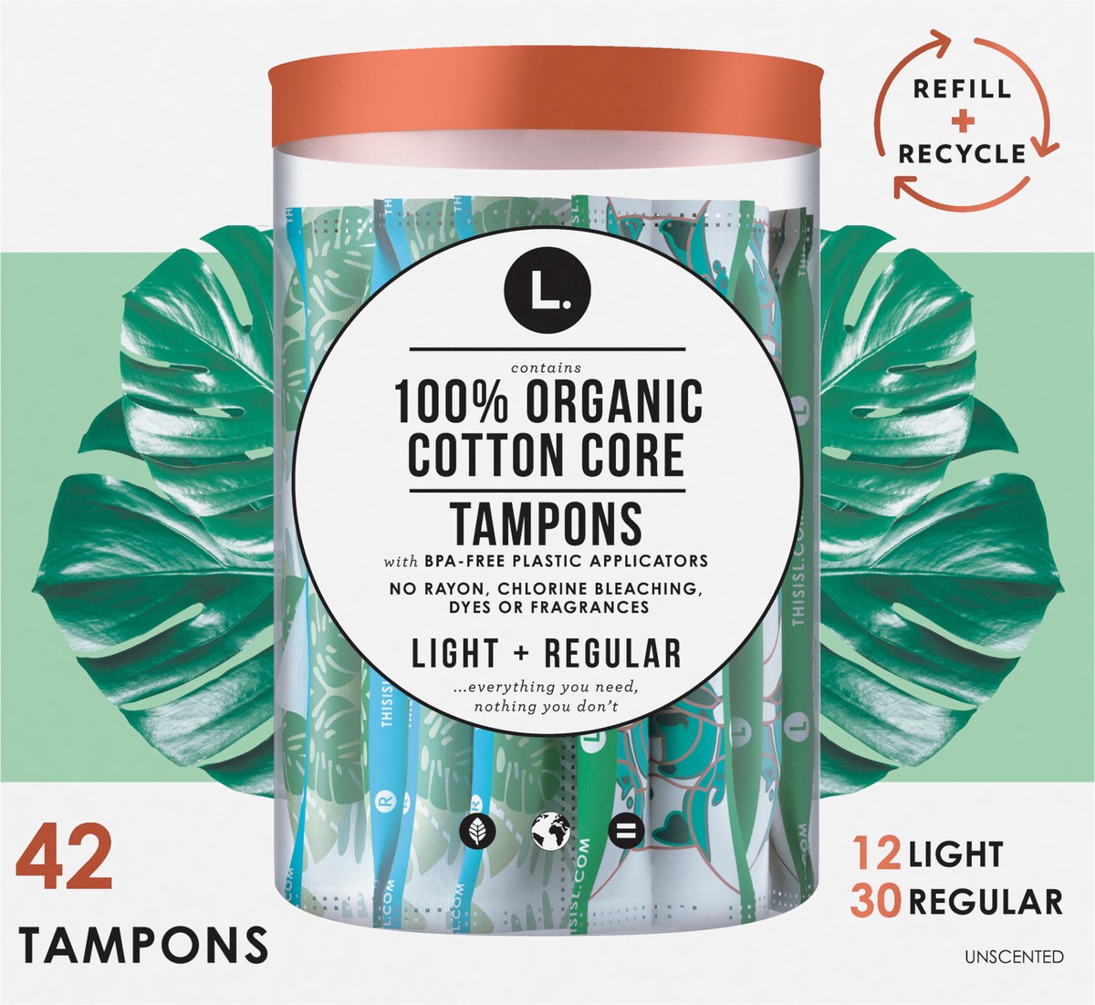 slide 2 of 2, L. Cotton Tampons LightRegular Absorbency Multipack, Contains an Organic Cotton Core, Made Without Synthetic Pesticides, or Fragrances 42 Count, 42 ct