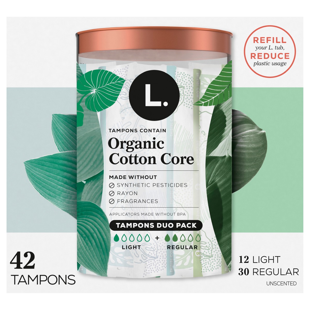 slide 1 of 2, L. Cotton Tampons LightRegular Absorbency Multipack, Contains an Organic Cotton Core, Made Without Synthetic Pesticides, or Fragrances 42 Count, 42 ct