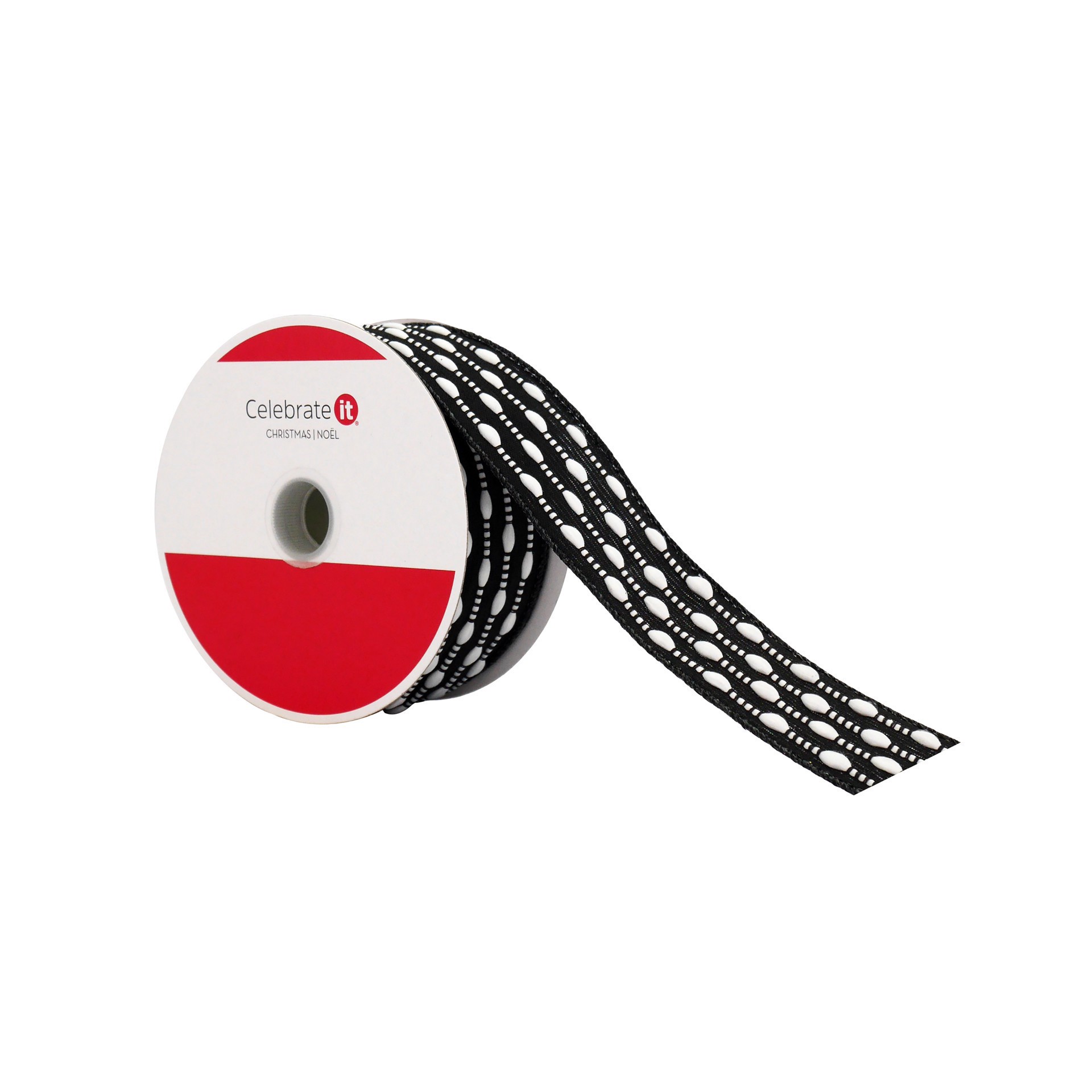 slide 2 of 3, 1.5" X 25ft. Black & White Stitch Wired Taffeta Ribbon By Celebrate It, 1.5 in x 25 ft
