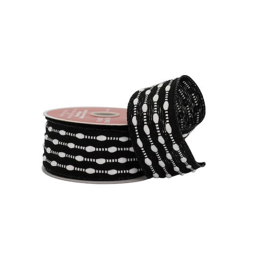 slide 1 of 3, 1.5" X 25ft. Black & White Stitch Wired Taffeta Ribbon By Celebrate It, 1.5 in x 25 ft