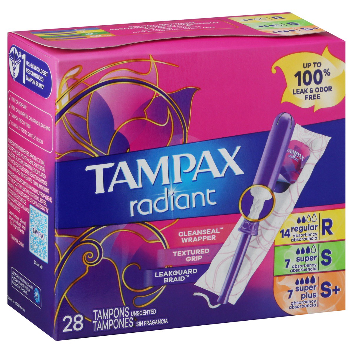 slide 1 of 9, Tampax Radiant Tampons Mixed R/s/sp - 28 CT, 28 ct