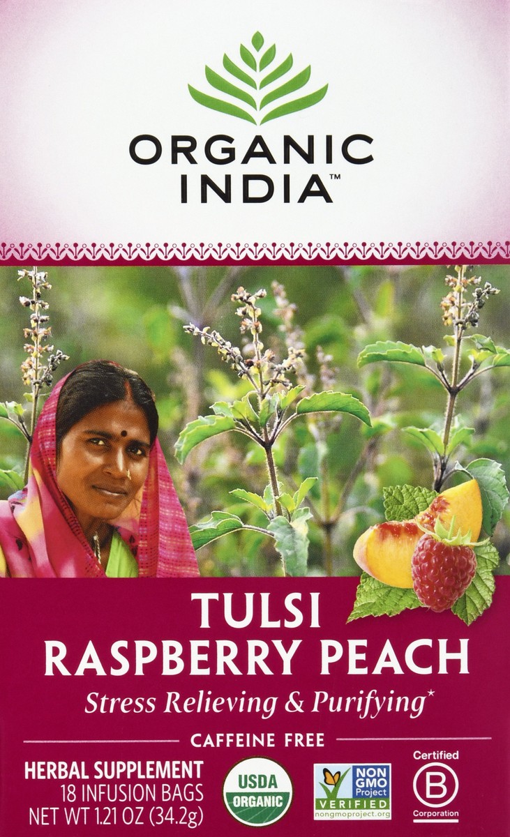 slide 7 of 13, Organic India Caffeine Free Infusion Bags Tulsi Raspberry Peach Herbal Supplement 18 ea, 18 ct