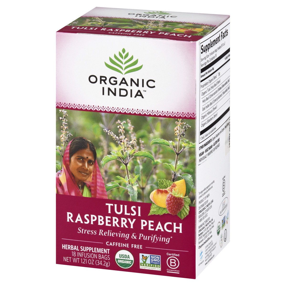 slide 13 of 13, Organic India Caffeine Free Infusion Bags Tulsi Raspberry Peach Herbal Supplement 18 ea, 18 ct