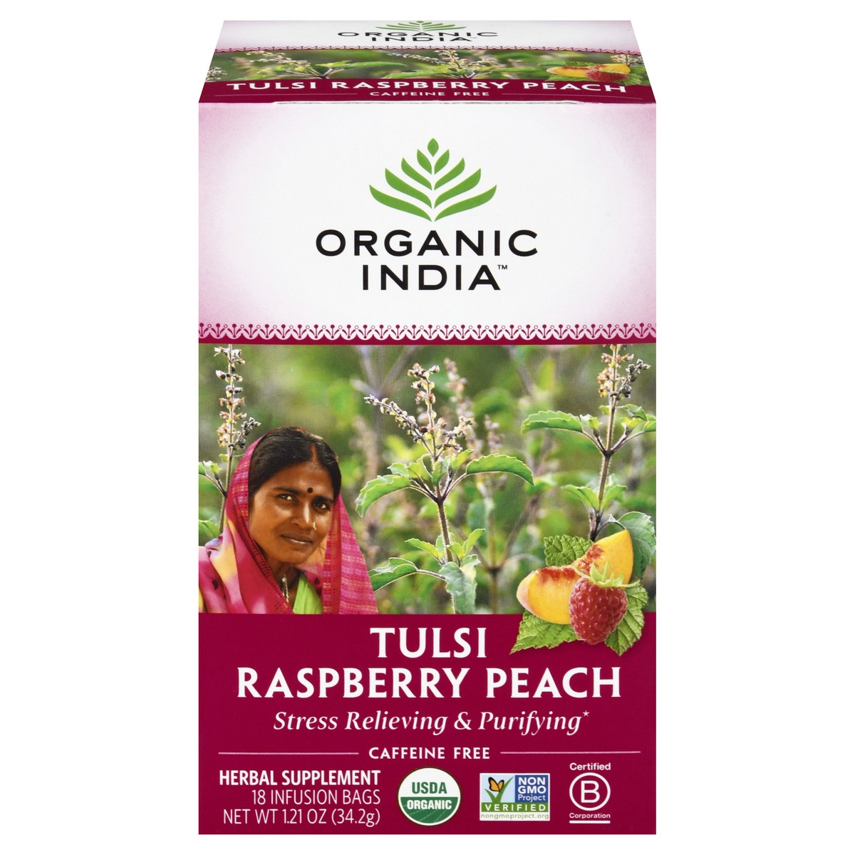 slide 1 of 13, Organic India Caffeine Free Infusion Bags Tulsi Raspberry Peach Herbal Supplement 18 ea, 18 ct