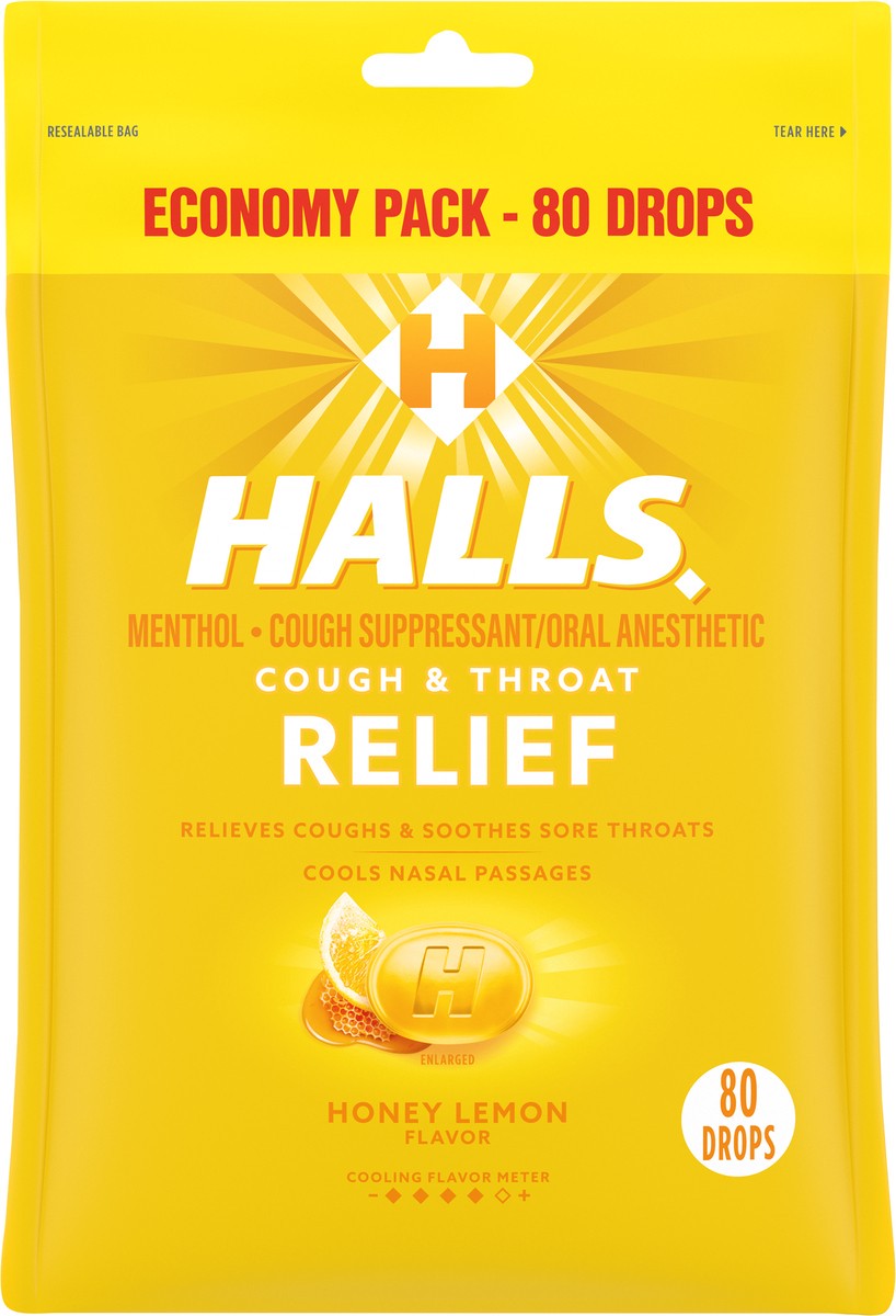 slide 6 of 9, HALLS Relief Honey Lemon Cough Drops, Economy Pack, 80 Drops, 8.75 oz