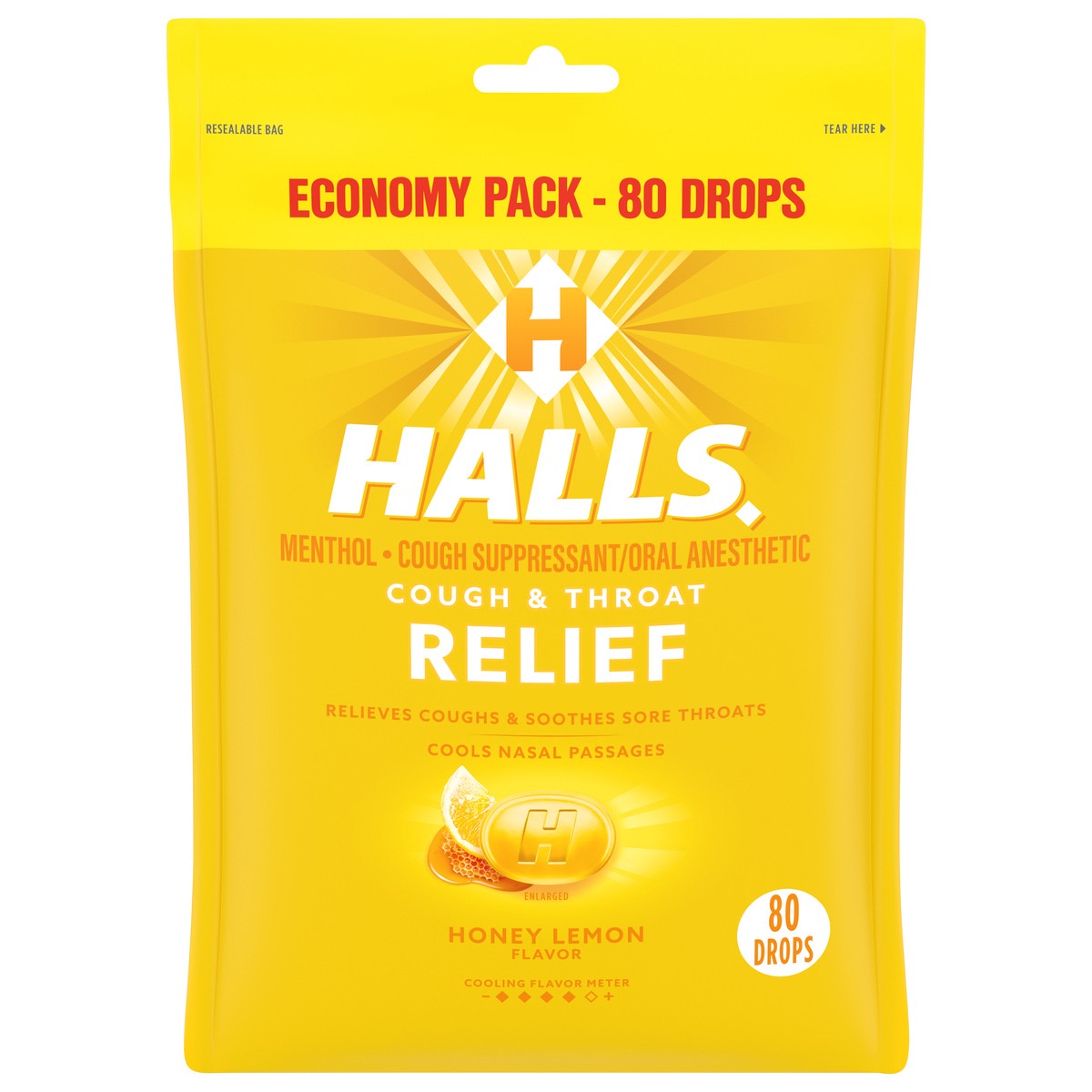slide 1 of 9, HALLS Relief Honey Lemon Cough Drops, Economy Pack, 80 Drops, 8.75 oz