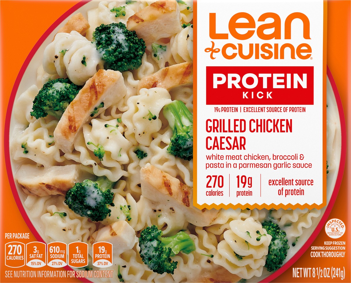 slide 12 of 15, Lean Cuisine Frozen Meal Grilled Chicken Caesar, Protein Kick Microwave Meal, Microwave Grill Chicken Caesar Dinner, Frozen Dinner for One, 8.5 oz