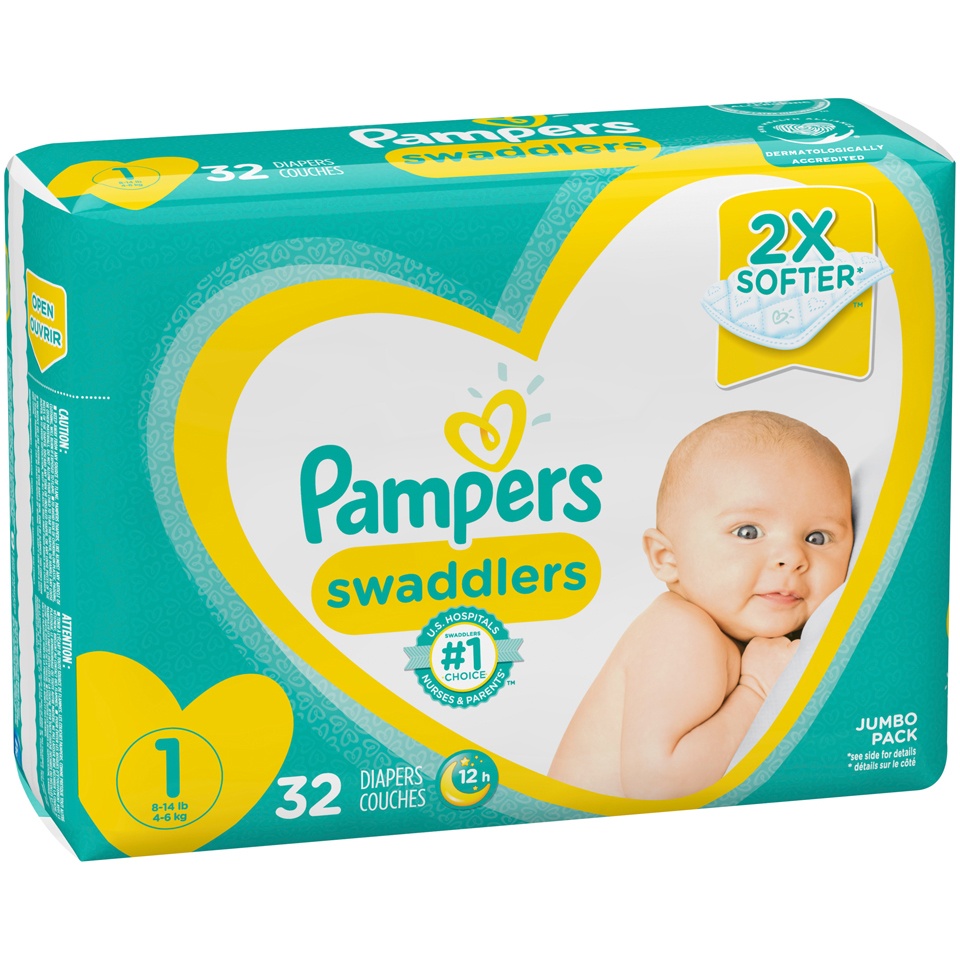 slide 2 of 3, Pampers Swaddlers Newborn Diapers Size 1 32 Count, 32 ct