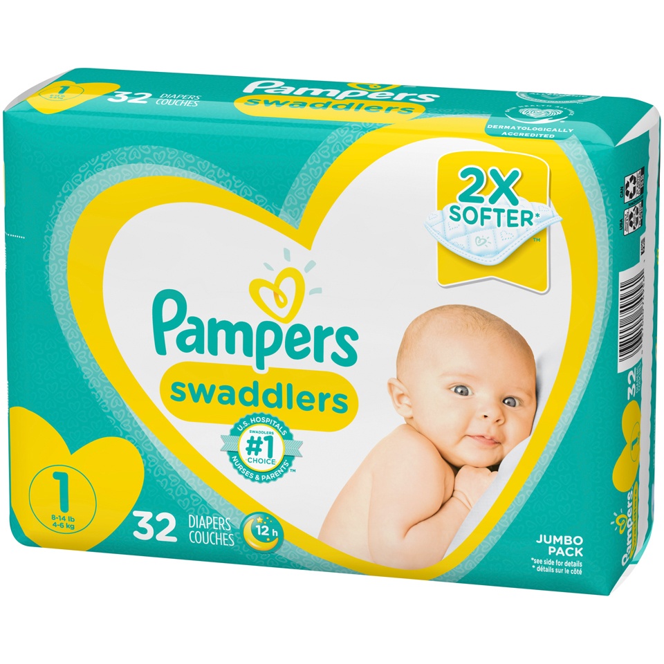 slide 3 of 3, Pampers Swaddlers Newborn Diapers Size 1 32 Count, 32 ct