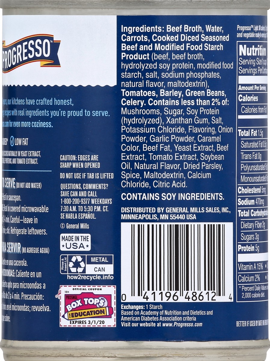 slide 6 of 6, Progresso Light Savory Beef Barley Vegetable Soup, 18.5 oz