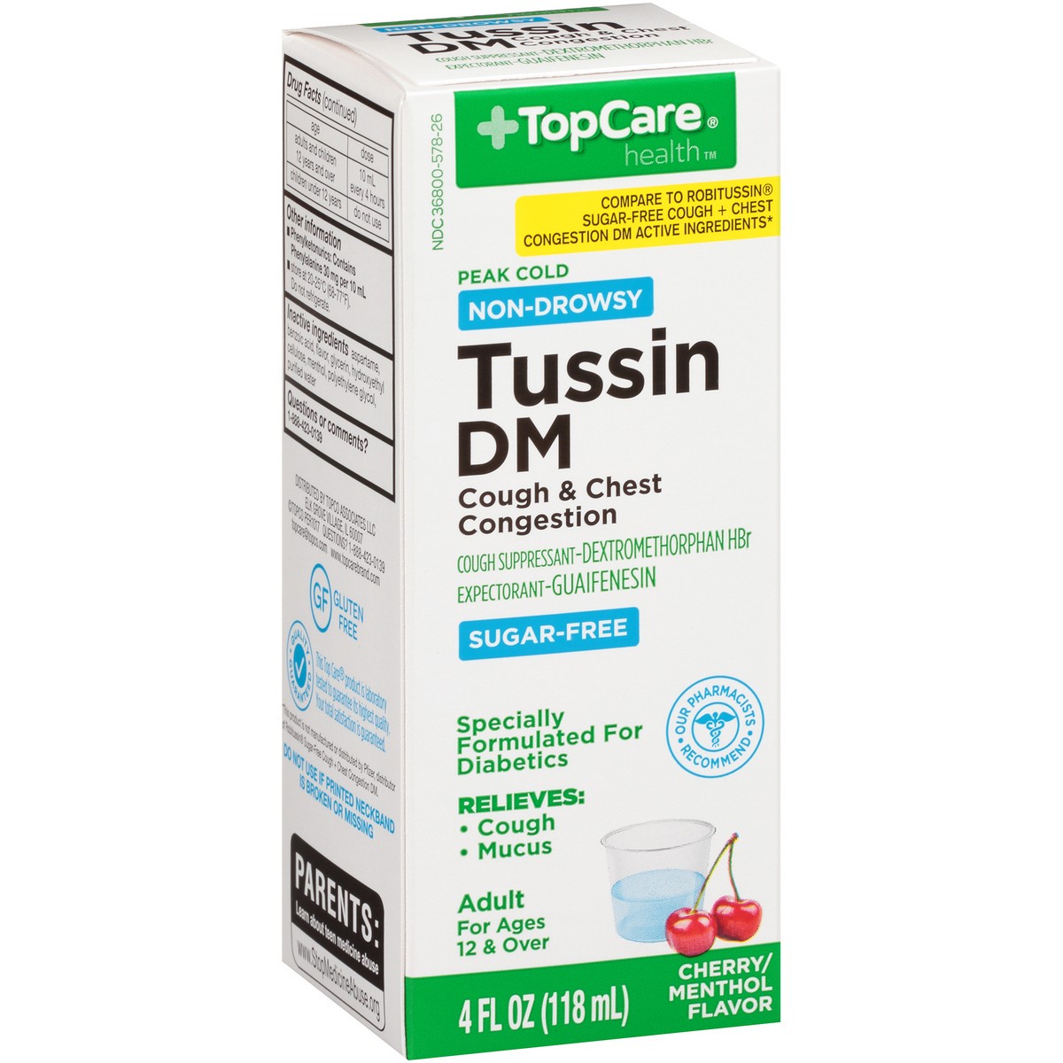 slide 2 of 9, TopCare Sugar Free Tussin DM Cough & Chest Congestion For Adults, 4 fl oz