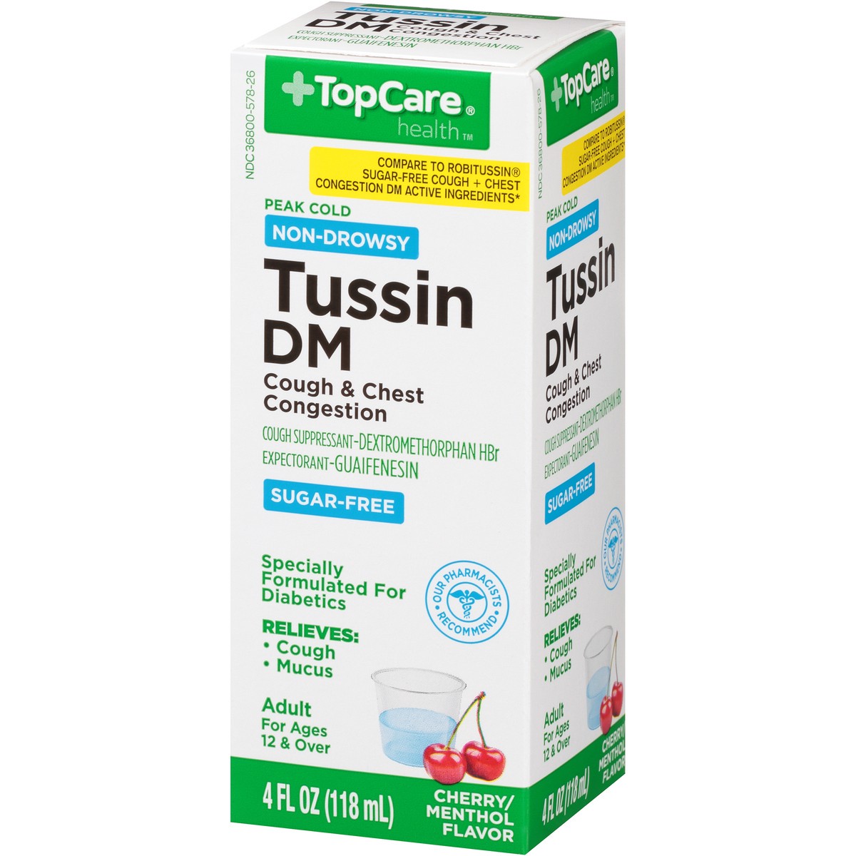 slide 3 of 9, TopCare Sugar Free Tussin DM Cough & Chest Congestion For Adults, 4 fl oz